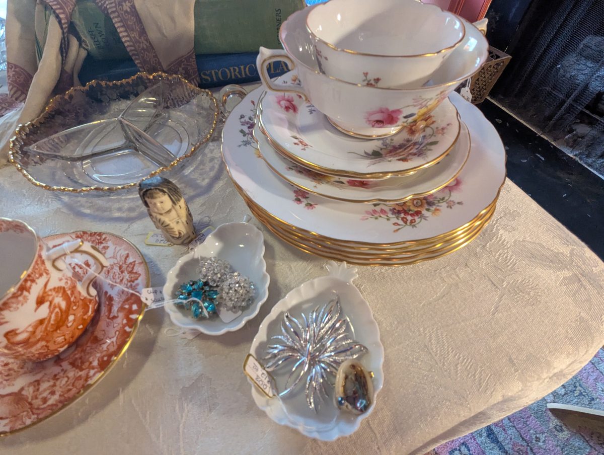 Bone china, crystal & sparkly brooches